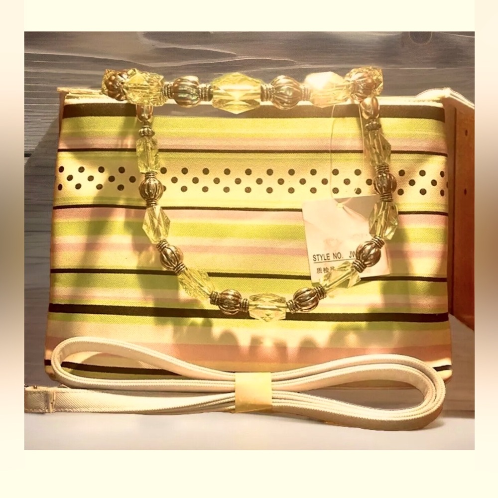 🌸CANVAS STRIPED BEADED HANDLE BOTTOM STUDS W/ CROSSBODY STRAP PURSE NWT🌿